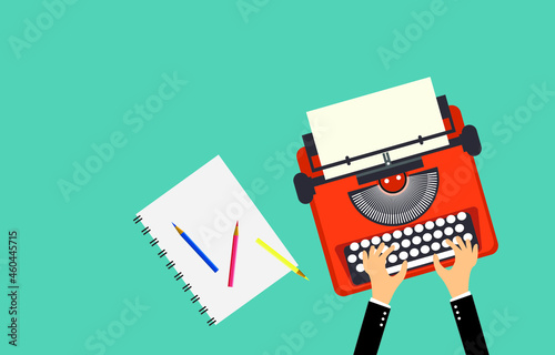 Hands of businessmen and old vintage  typewriter, notebooks with crayons, vector illustration