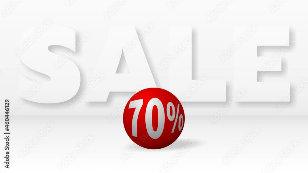 A beautiful red ball with 70 percent discount rolling against big white letters SALE A beautiful red ball with 70 percent discount rolling against big white letters SALE