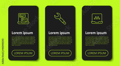 Set line Taxi mobile app, Wrench spanner and . Business infographic template. Vector