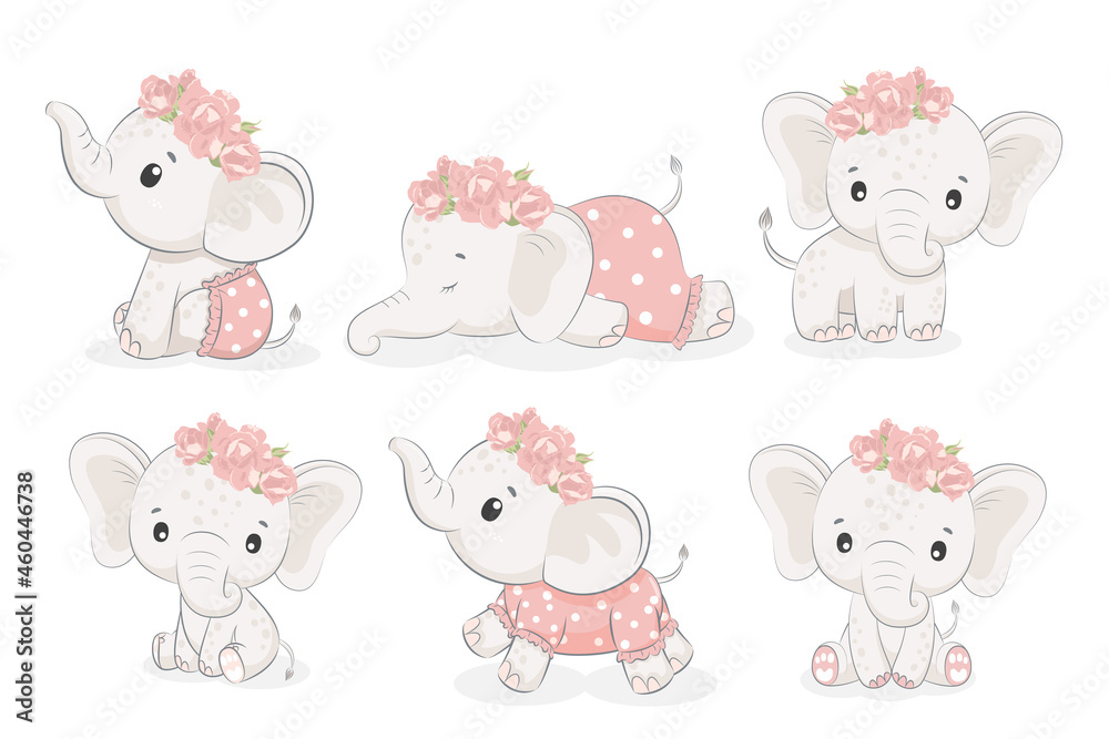 A set of 6 cute elephant girls. Vector illustration of a cartoon .