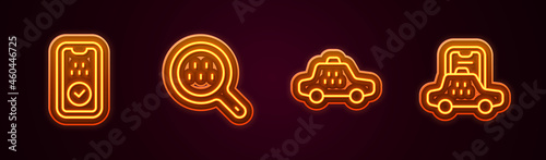 Set line Taxi mobile app, Search taxi, car and . Glowing neon icon. Vector