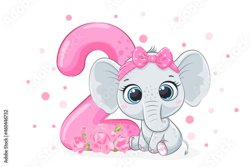 Cartoon illustration "Happy birthday, 2 year", a cute baby elephant girl. Vector illustration.