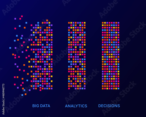 Big data analytics. Digital analysis of business information on modern computer equipment with visualization of bar charts and vector squares