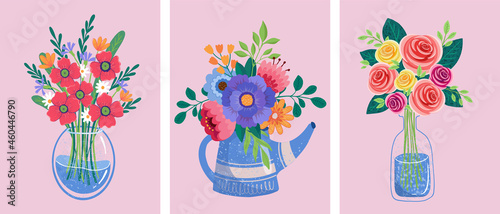 flower bouquets in wrapping and blooming plant. gerberas and chamomile, strawberry. tulip composition. Decorative florist shop item.