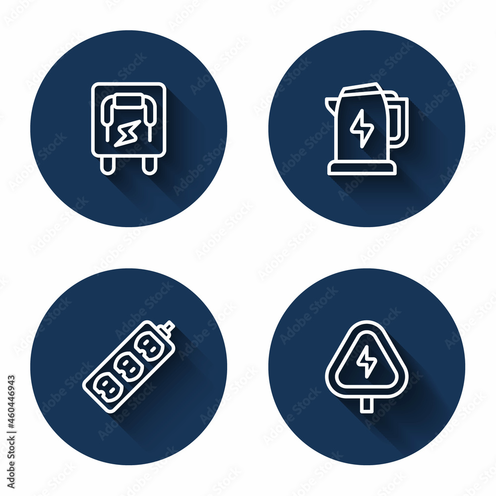 Set line Electrical panel, kettle, extension and High voltage with long shadow. Blue circle button. Vector Set line Electrical panel, kettle, extension and High voltage with long shadow. Blue circle button. Vector