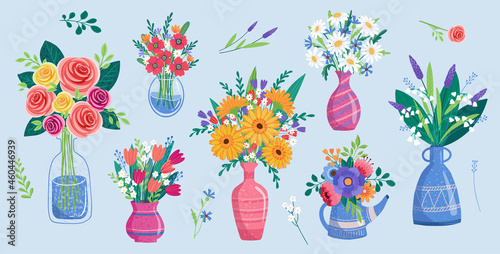 flower bouquets in wrapping and blooming plant. gerberas and chamomile, rose, tulip, lilies of the valley composition. Decorative florist shop item on blue background