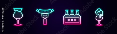 Set line Glass of beer, Sausage on the fork, Pack bottles and . Glowing neon icon. Vector