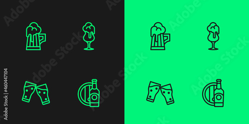 Set line Beer bottle and wooden barrel, Glass of beer, Wooden mug and icon. Vector