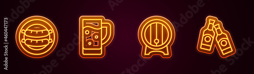 Set line Sausage, Glass of beer, Wooden barrel on rack and Beer bottle. Glowing neon icon. Vector