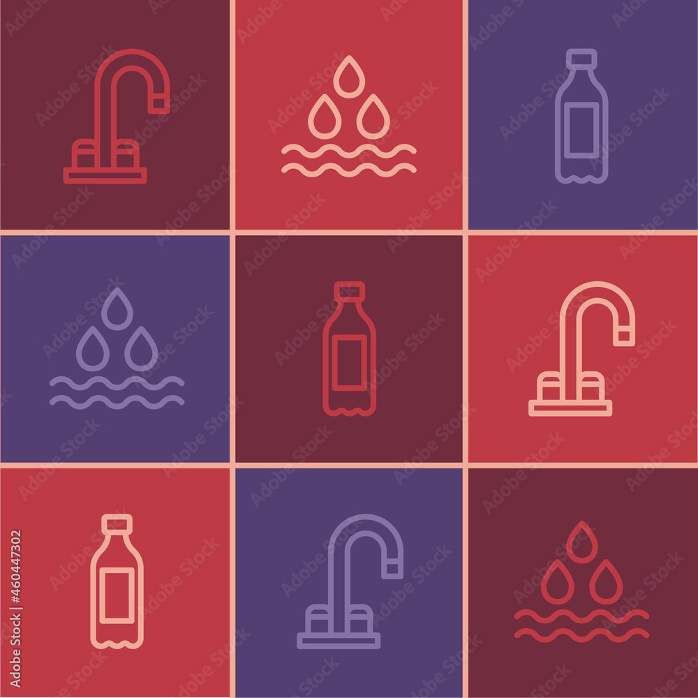 Set line Water tap, Bottle of water and drop icon. Vector Set line Water tap, Bottle of water and drop icon. Vector