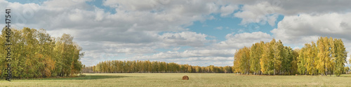 Beautiful countryside landscape with colorful forest, fields and one roll of hay on fall day