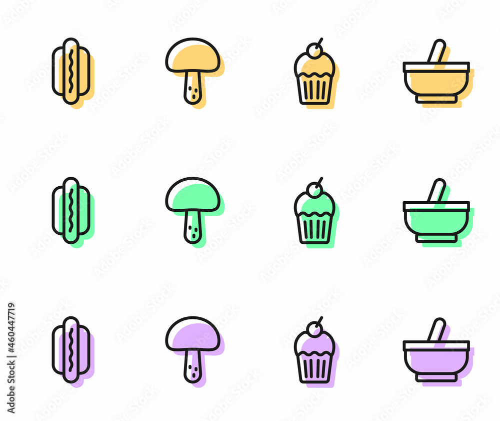 Set line Muffin, Hotdog, Mushroom and Mortar and pestle icon. Vector Set line Muffin, Hotdog, Mushroom and Mortar and pestle icon. Vector