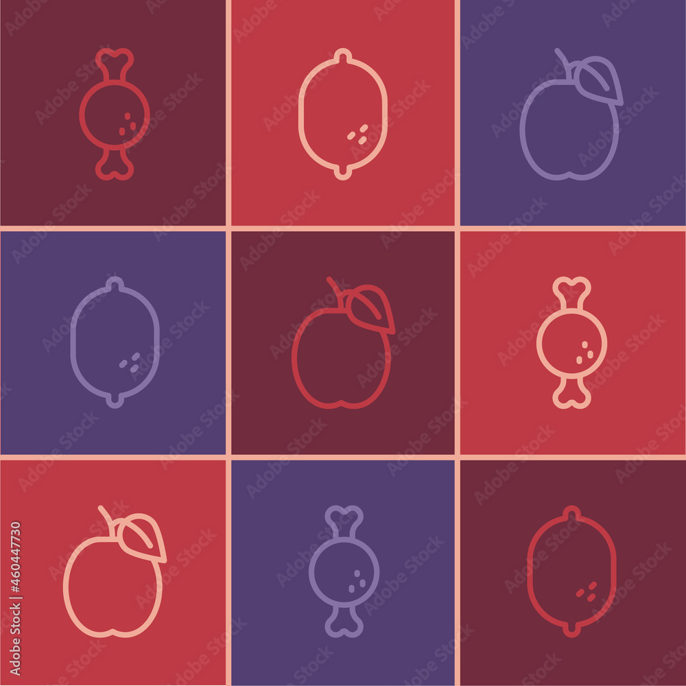 Set line Chicken leg, Plum fruit and Lemon icon. Vector Set line Chicken leg, Plum fruit and Lemon icon. Vector