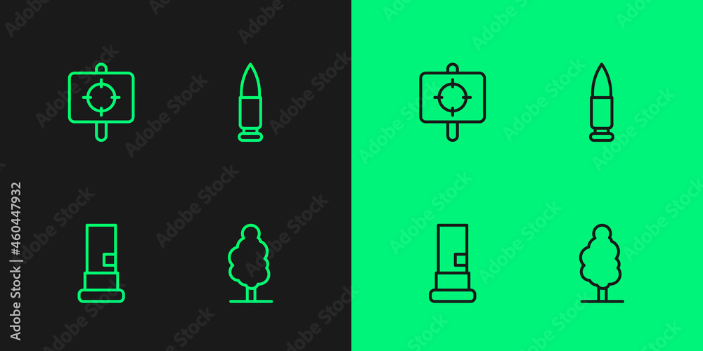Set line Tree, Cartridges, Target sport and Bullet icon. Vector Set line Tree, Cartridges, Target sport and Bullet icon. Vector