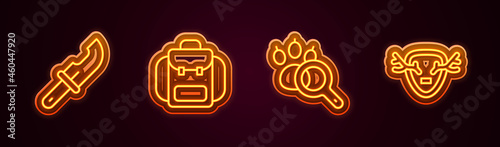 Set line Hunter knife, Hiking backpack, Paw search and Deer antlers on shield. Glowing neon icon. Vector