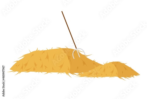 Haystacks with pitchfork. Harvesting of yellow wheat with tossing and stacking agronomy feed for cattle and preparing vector hayfields.