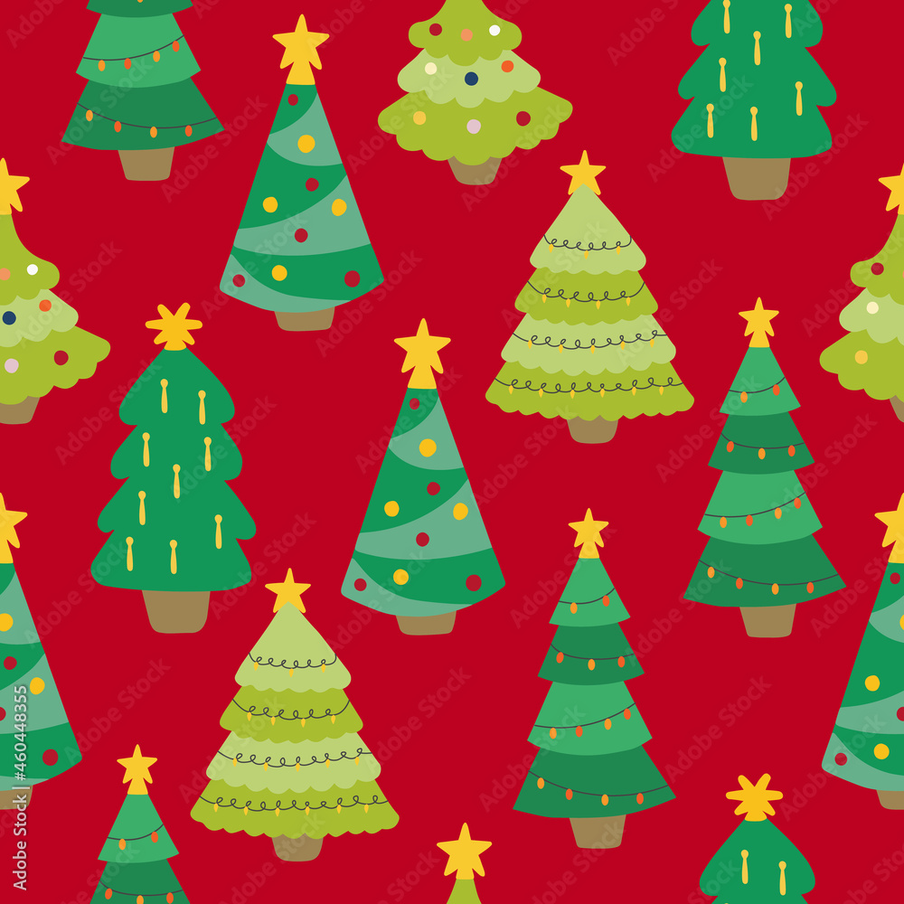 Seamless pattern with hand-drawn Christmas trees. Colorful vector background. Decorative wallpaper, well suited for printing textiles, fabric, wallpaper, gift paper.