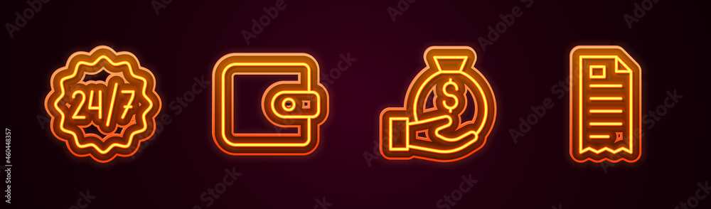 Set line Clock 24 hours, Wallet, Money bag and Financial check. Glowing neon icon. Vector Set line Clock 24 hours, Wallet, Money bag and Financial check. Glowing neon icon. Vector
