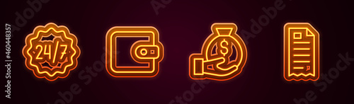 Set line Clock 24 hours, Wallet, Money bag and Financial check. Glowing neon icon. Vector