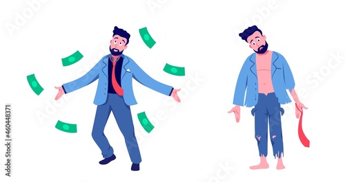 Rich and poor man. Joyful businessman throwing green cash and beggar in tattered clothes with empty pockets sudden profit and total bankruptcy vector