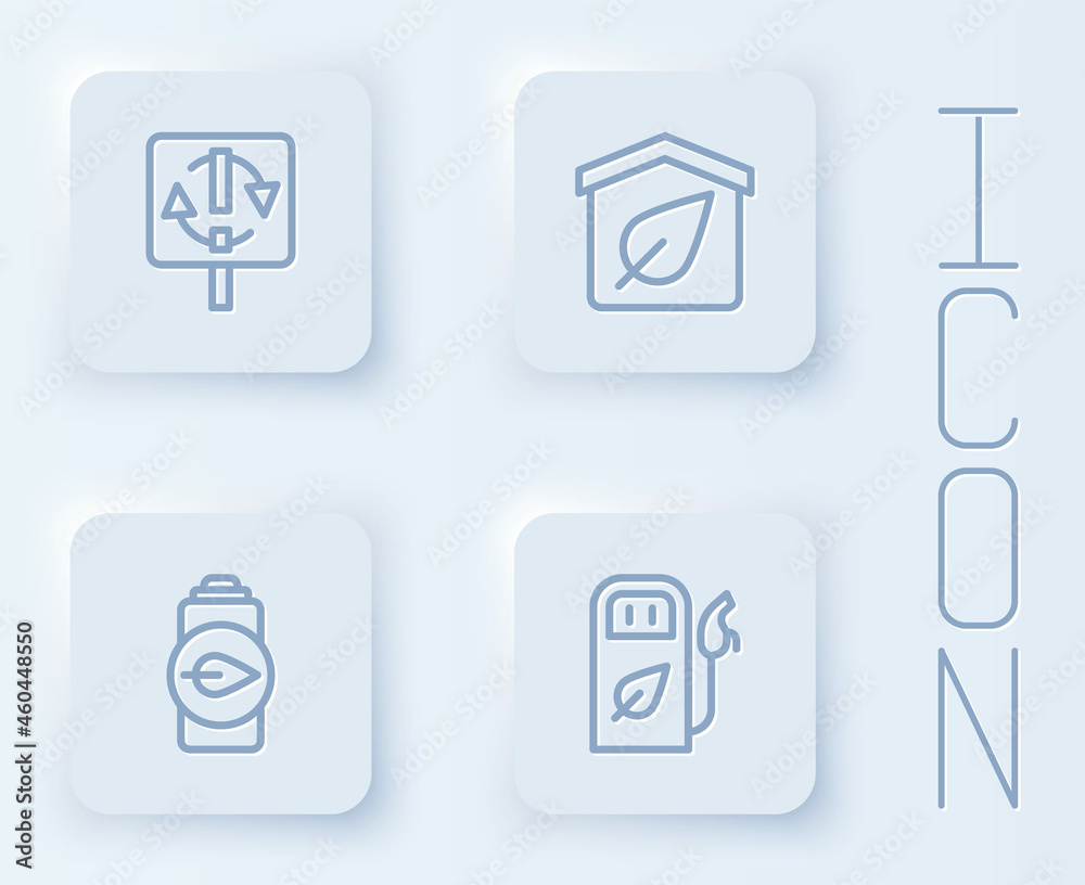Set line Recycle symbol, Eco friendly house, nature leaf battery and Petrol or gas station. White square button. Vector Set line Recycle symbol, Eco friendly house, nature leaf battery and Petrol or gas station. White square button. Vector
