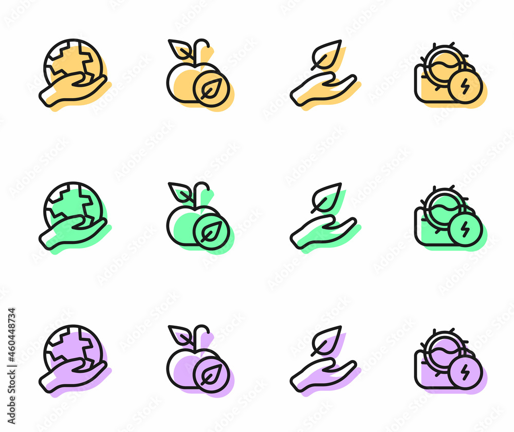 Set line Leaf in hand, Hand holding Earth globe, Apple and Water mill icon. Vector