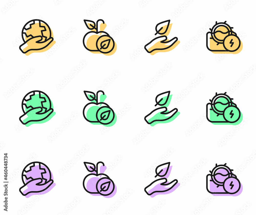 Set line Leaf in hand, Hand holding Earth globe, Apple and Water mill icon. Vector Set line Leaf in hand, Hand holding Earth globe, Apple and Water mill icon. Vector