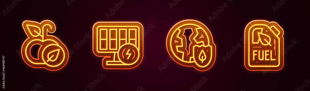 Set line Apple, Solar energy panel, Earth with shield and Bio fuel canister. Glowing neon icon. Vector Set line Apple, Solar energy panel, Earth with shield and Bio fuel canister. Glowing neon icon. Vector