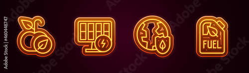 Set line Apple, Solar energy panel, Earth with shield and Bio fuel canister. Glowing neon icon. Vector