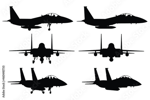 Fighter jet aircraft silhouette vector on white background, military vehicle technology, set of air force weapon in black and white.