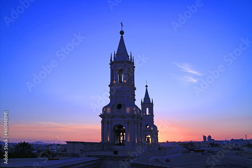 Stunning Bell Tower of Basilica Cathedral of Arequipa Against Sunset Afterglow Sky, Arequipa, Peru