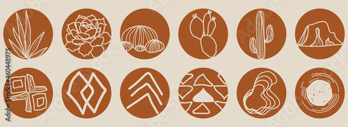 Boho desert plants highlights covers for social media - hand drawn tribal patterns.