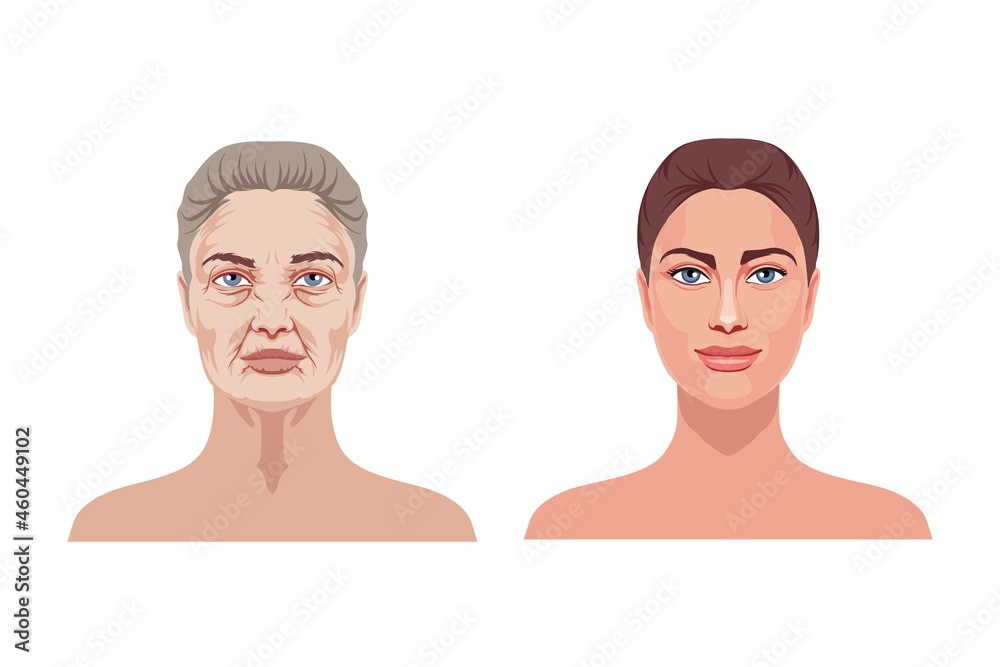 Elderly and young woman. Beautiful girl with smooth and toned face and old with wrinkles and gray hair process of age vector aging Elderly and young woman. Beautiful girl with smooth and toned face and old with wrinkles and gray hair process of age vector aging