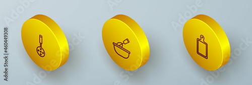 Set Isometric line Spatula, Cooking whisk with bowl and Cutting board icon. Vector