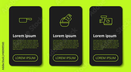 Set line Frying pan, Measuring cup and bowl and Kitchen meat grinder. Business infographic template. Vector