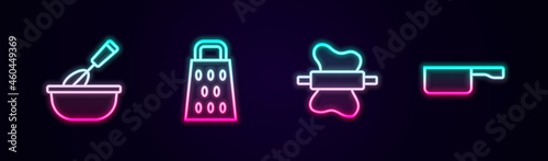 Set line Cooking whisk with bowl, Grater, Rolling pin on dough and Frying pan. Glowing neon icon. Vector