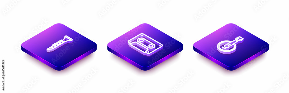 Set Isometric line Clarinet, Retro audio cassette tape and Banjo icon. Vector