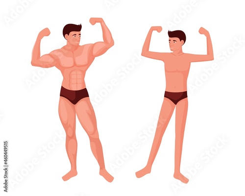 Athletic and thin man. Muscular athlete poses with pumped muscles and skinny guy with thin limbs and flabby vector muscles