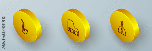 Set Isometric line Saxophone, Grand piano and Balalaika icon. Vector
