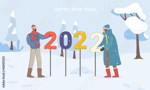 Happy New Year 2022 Joyful people and Big numbers 2022 celebration illustration