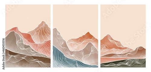 Natural abstract mountain on set with line art. Mid century modern minimalist art print. Abstract backgrounds landscape. vector illustrations