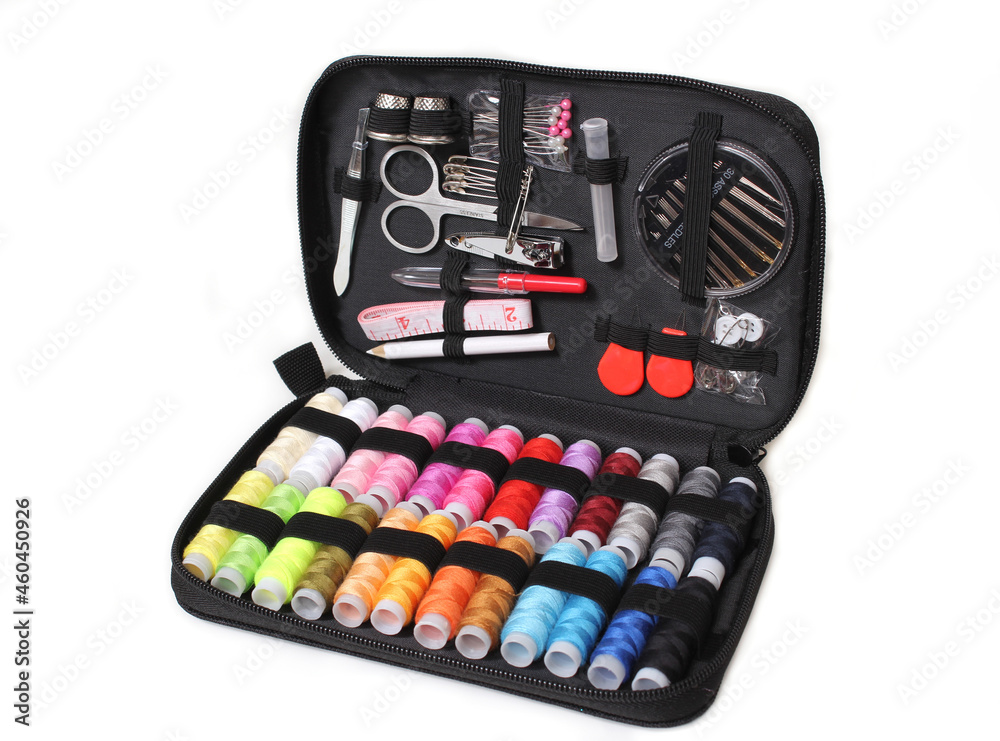 Travel Sewing Kit in Organizer Isolated on White Background Travel Sewing Kit in Organizer Isolated on White Background