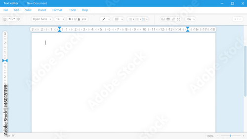 Text editor in white theme with blank page. Application for documentation and digital correction with user friendly interface for office workers and vector writers.