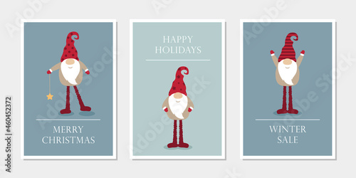 set of christmas greeting cards with cute funny gnome