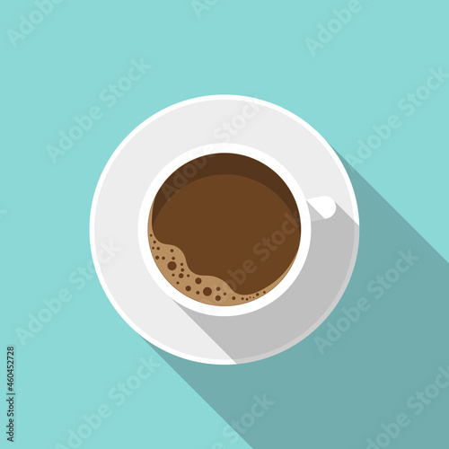 White cup of coffee with a saucer, top view. Flat design illustration with long shadow, vector.