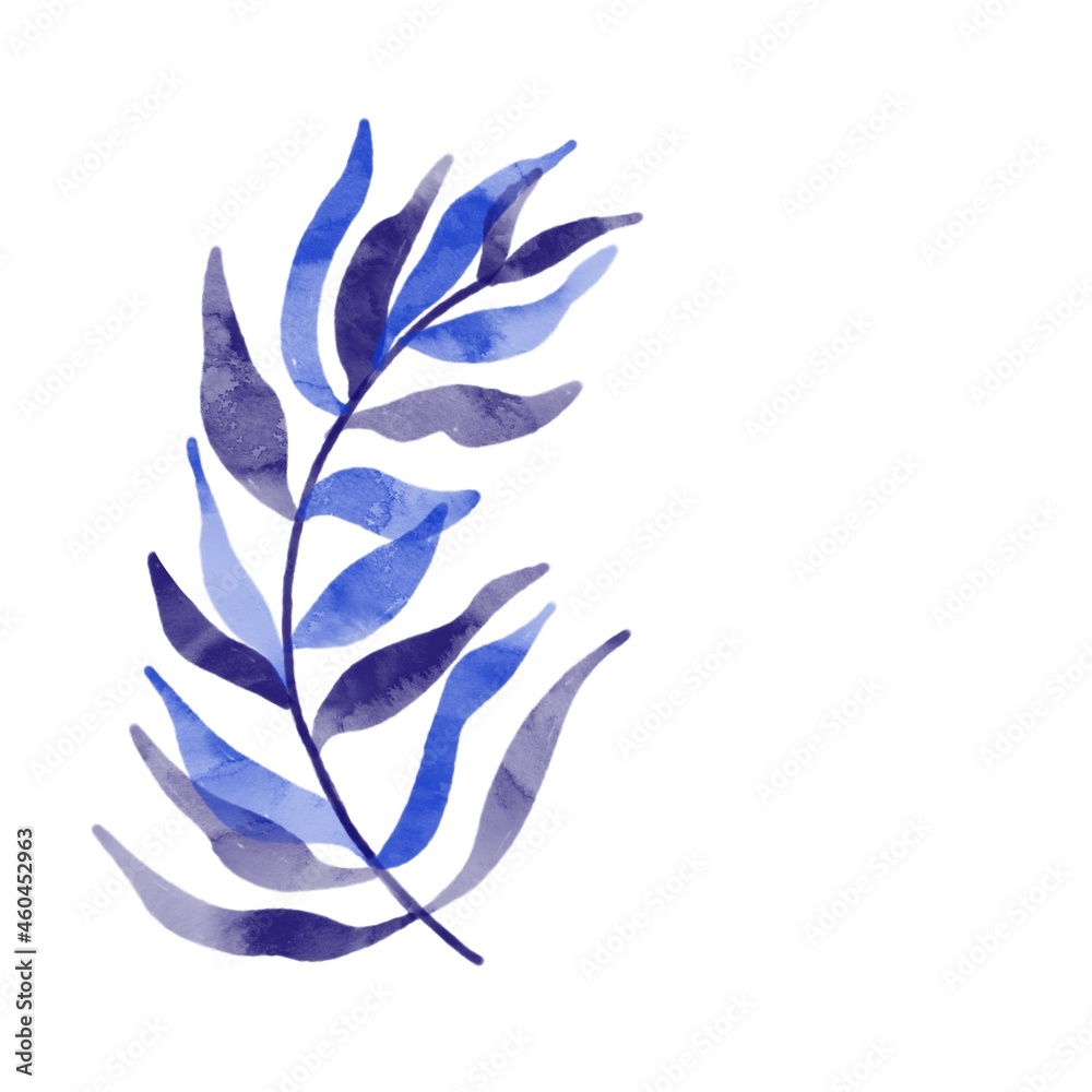 Tropical leaf in shades of blue in watercolor digital technology for packaging, textiles, wallpaper, banner. On a white background