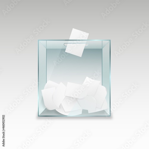 Ballot box with voting forms. Transparent glass container with pieces of paper political referendum