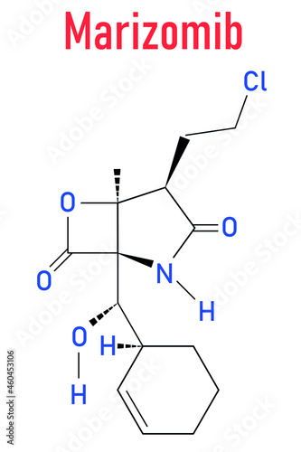 Marizomib  salinosporamide A  cancer drug molecule  proteasome inhibitor . Skeletal formula.