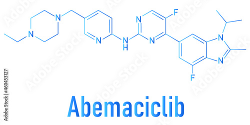 Abemaciclib cancer drug molecule (CDK inhibitor). Skeletal formula. photo
