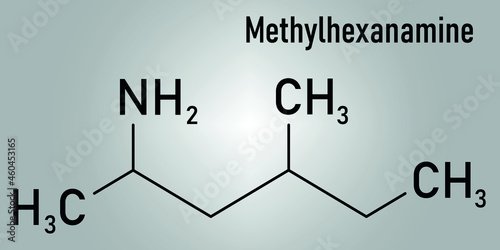 Methylhexanamine (dimethylamylamine, DMAA) stimulant molecule. Skeletal formula.